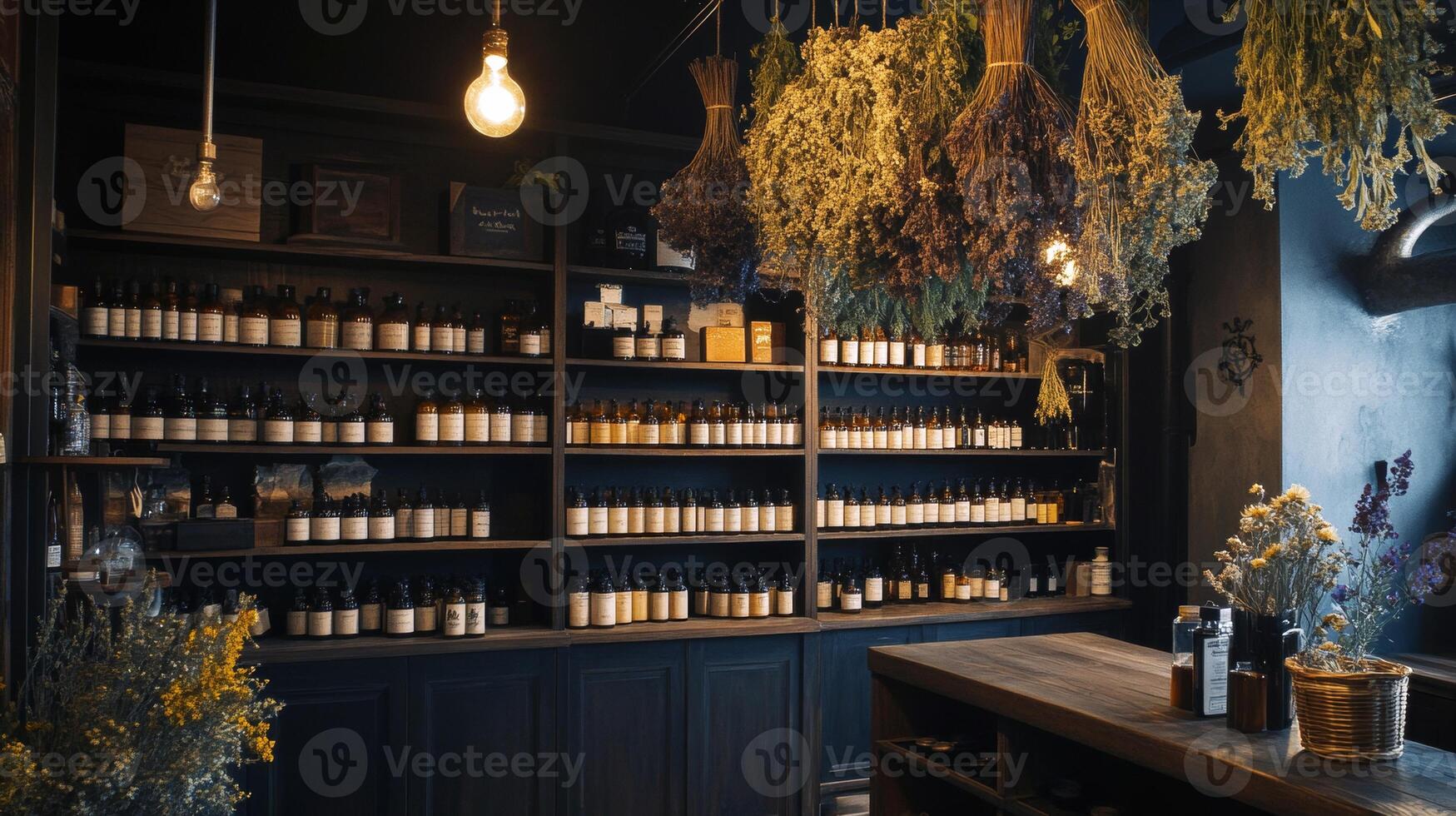 Cozy apothecary shop with dried herbs and vintage bottles on wooden shelves photo