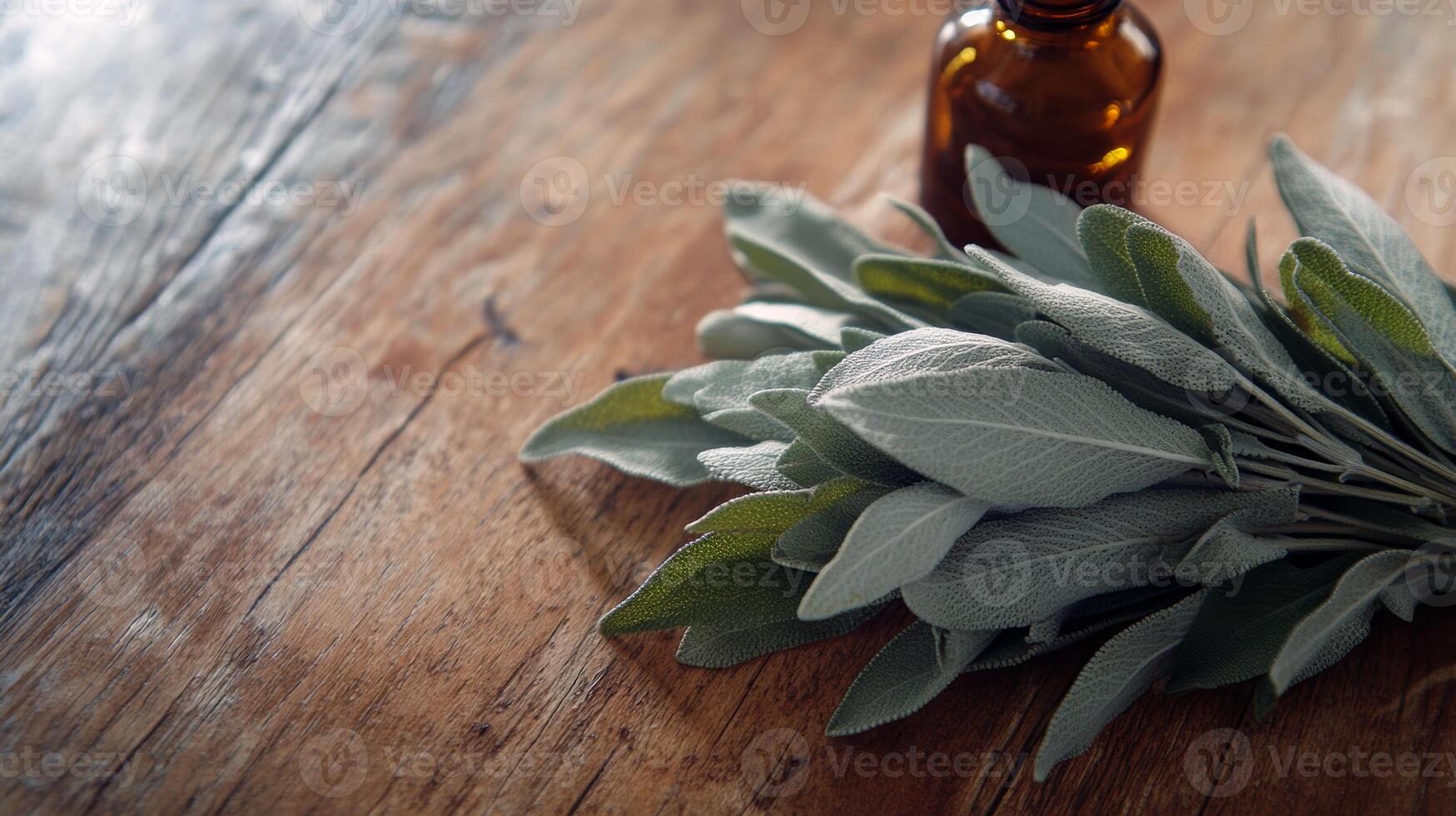 Fresh sage leaves and essential oil bottle on rustic wooden surface photo