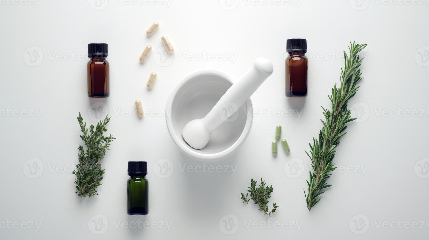 Herbal apothecary mortar, capsules, essential oils, rosemary, thyme photo
