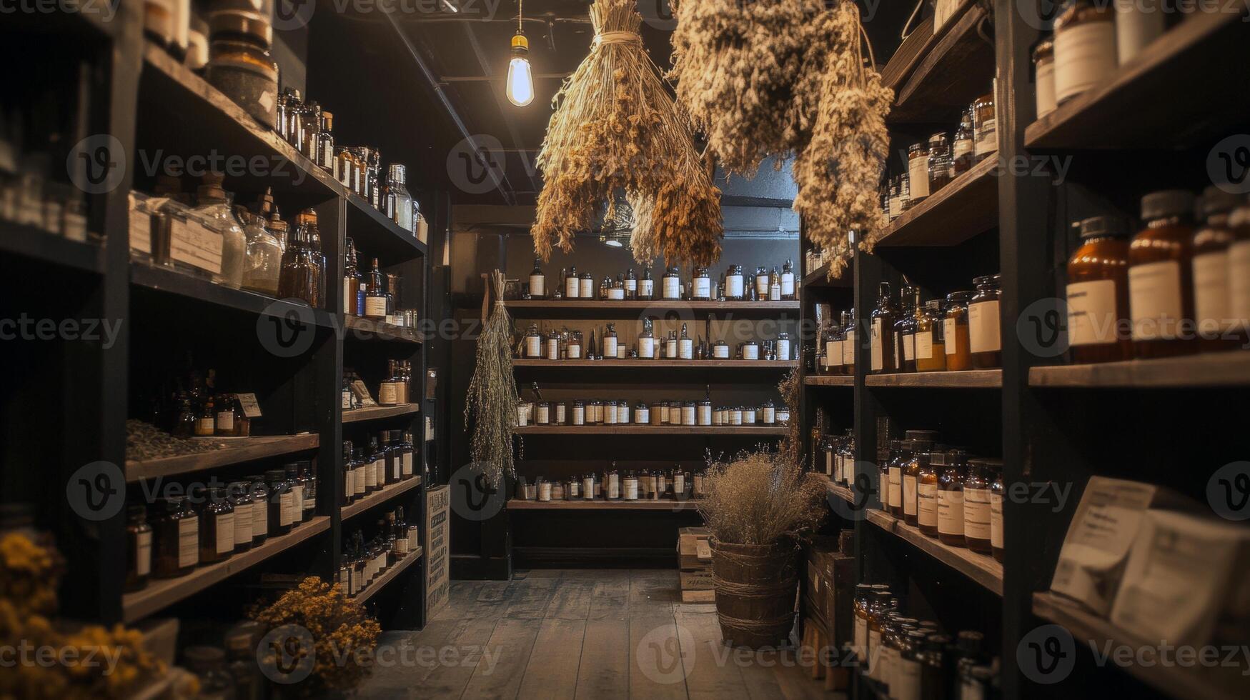 Rustic apothecary shop with dried herbs and vintage bottles photo