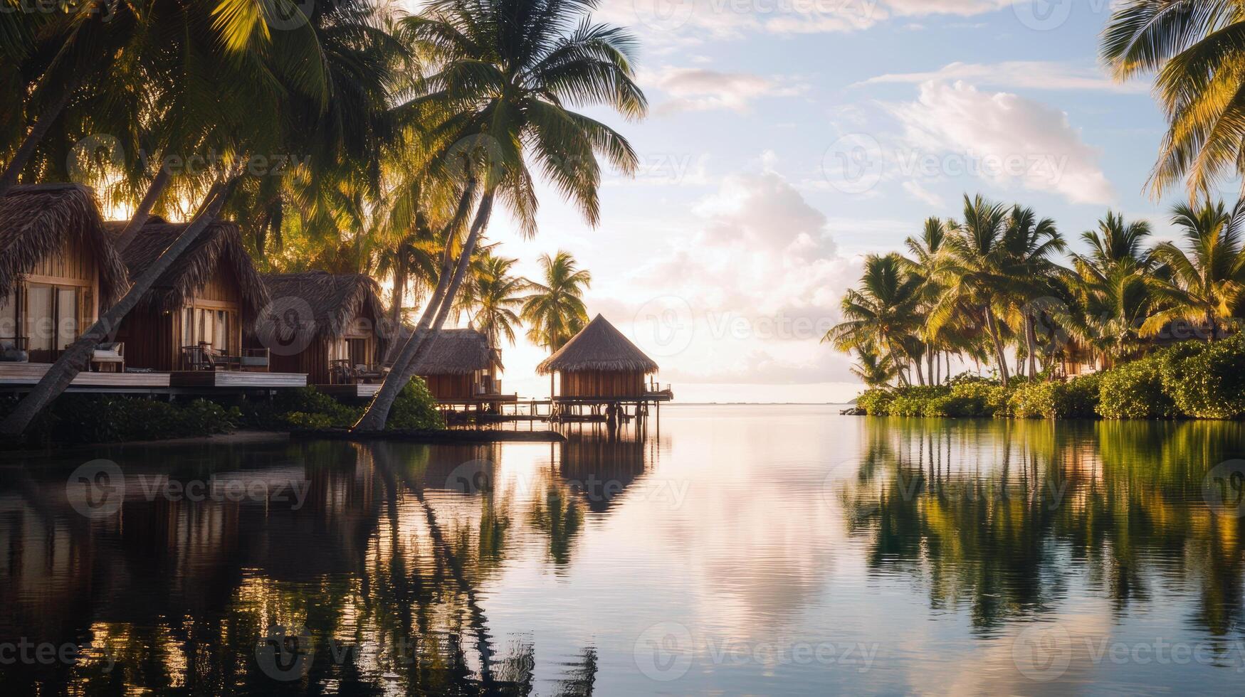 Beautiful tropical sunset overwater bungalows and palm trees reflection in paradise photo
