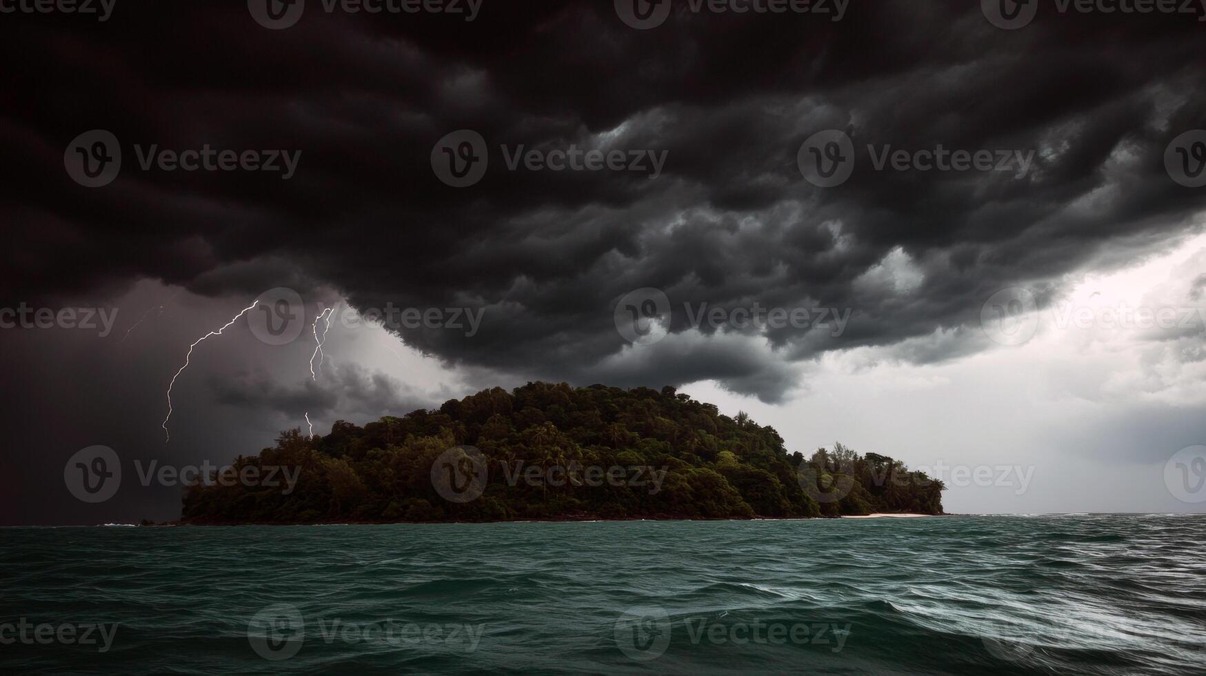 Dark storm clouds and lightning looming over dense lush island in turquoise sea photo