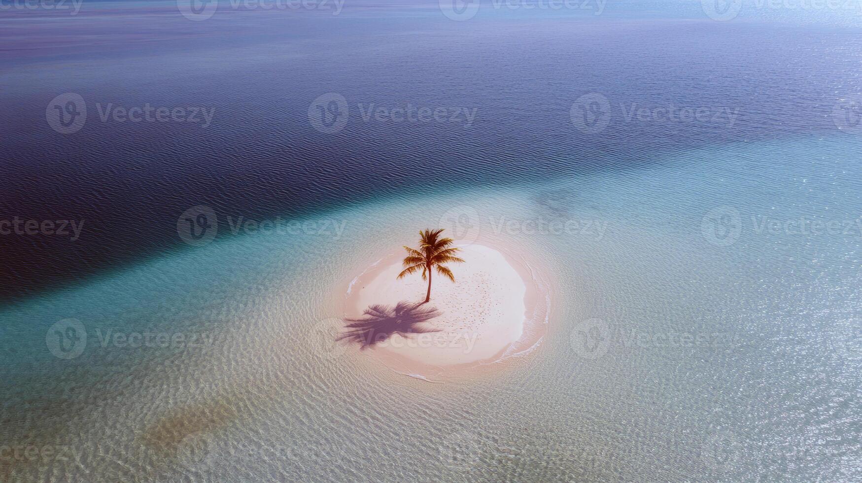 Serene tropical island with palm tree surrounded by azure blue ocean waters photo