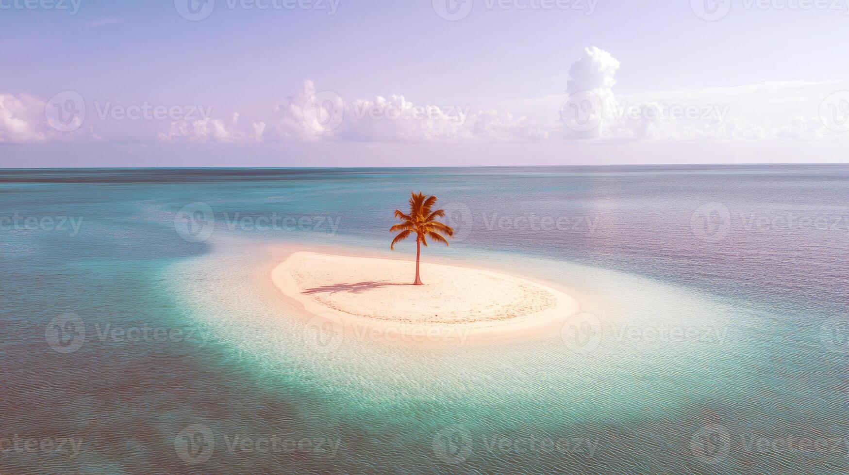 Solitary palm on serene tropical island amidst turquoise waters and expansive sky photo