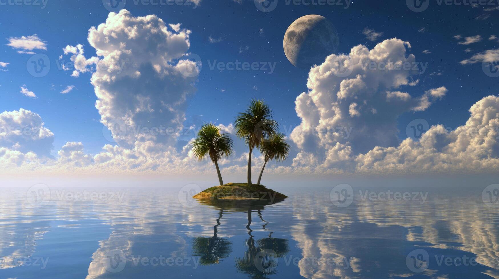 Tranquil island oasis at night with moonlit sky and reflective ocean photo