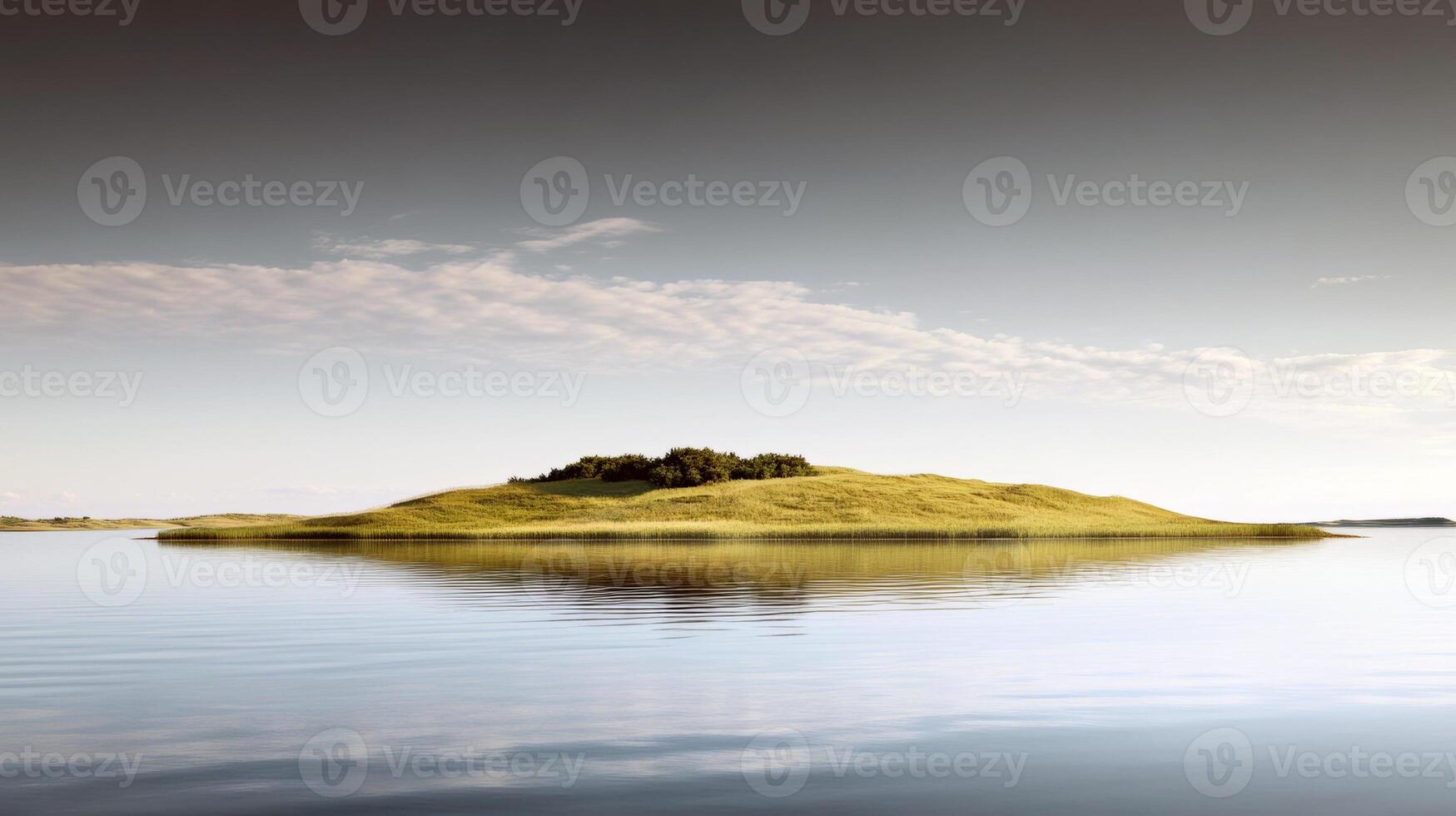 Tranquil island with lush greenery reflecting in calm lake under cloudy sky photo