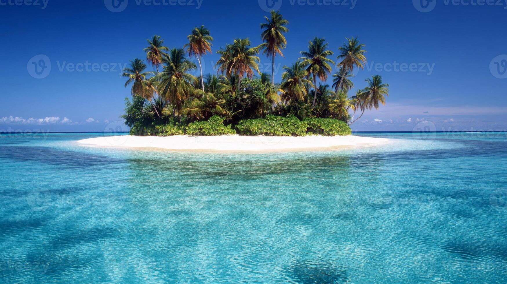 Tranquil tropical island oasis with turquoise waters and lush palm trees photo