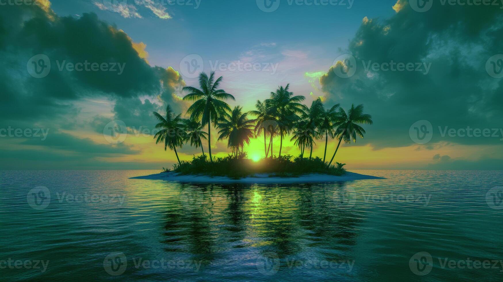 Tranquil tropical island at sunset with lush palms and serene waters photo