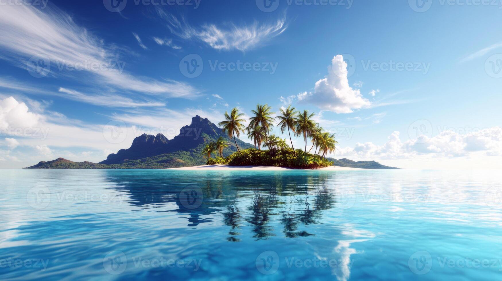 Tropical island paradise with palm trees and clear blue ocean photo
