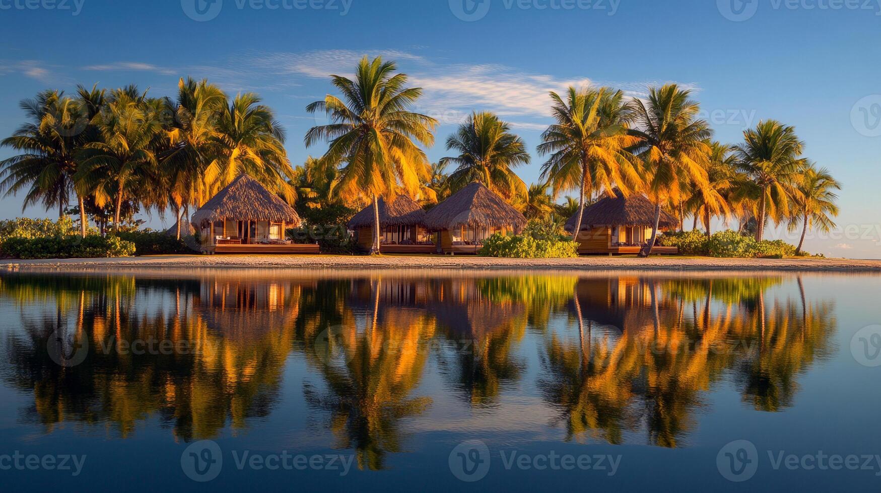 Tropical island paradise with palm trees and thatched huts reflecting in calm water photo