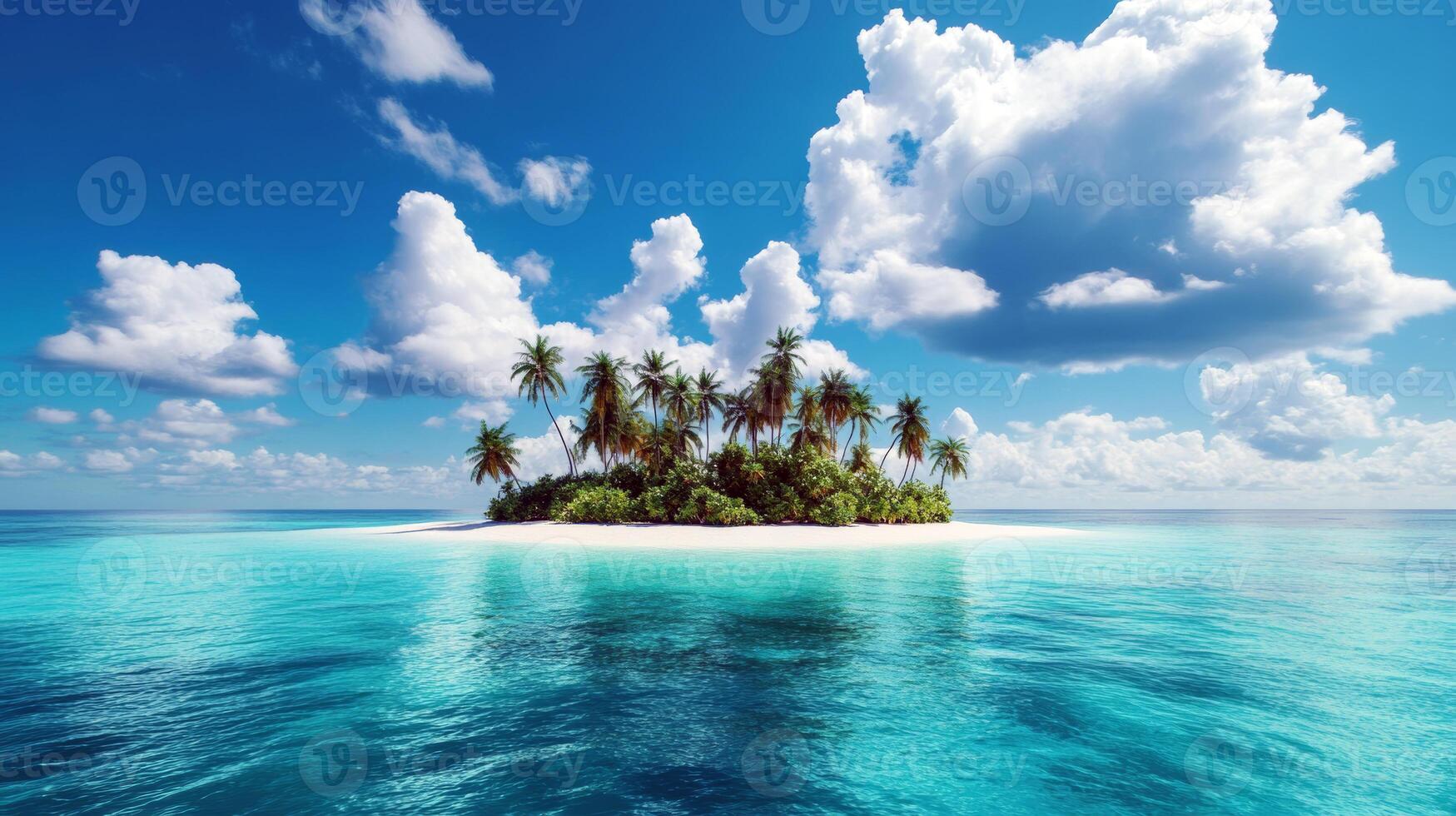 Tropical island paradise with palm trees and turquoise ocean under blue sky with clouds photo
