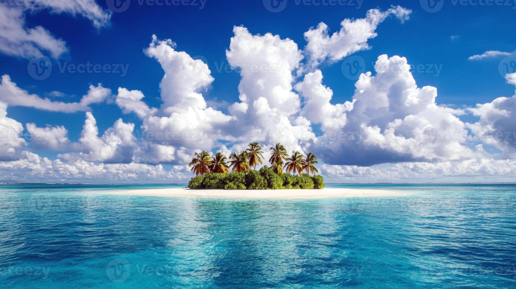 Tropical paradise island with palm trees surrounded by turquoise ocean and white clouds photo