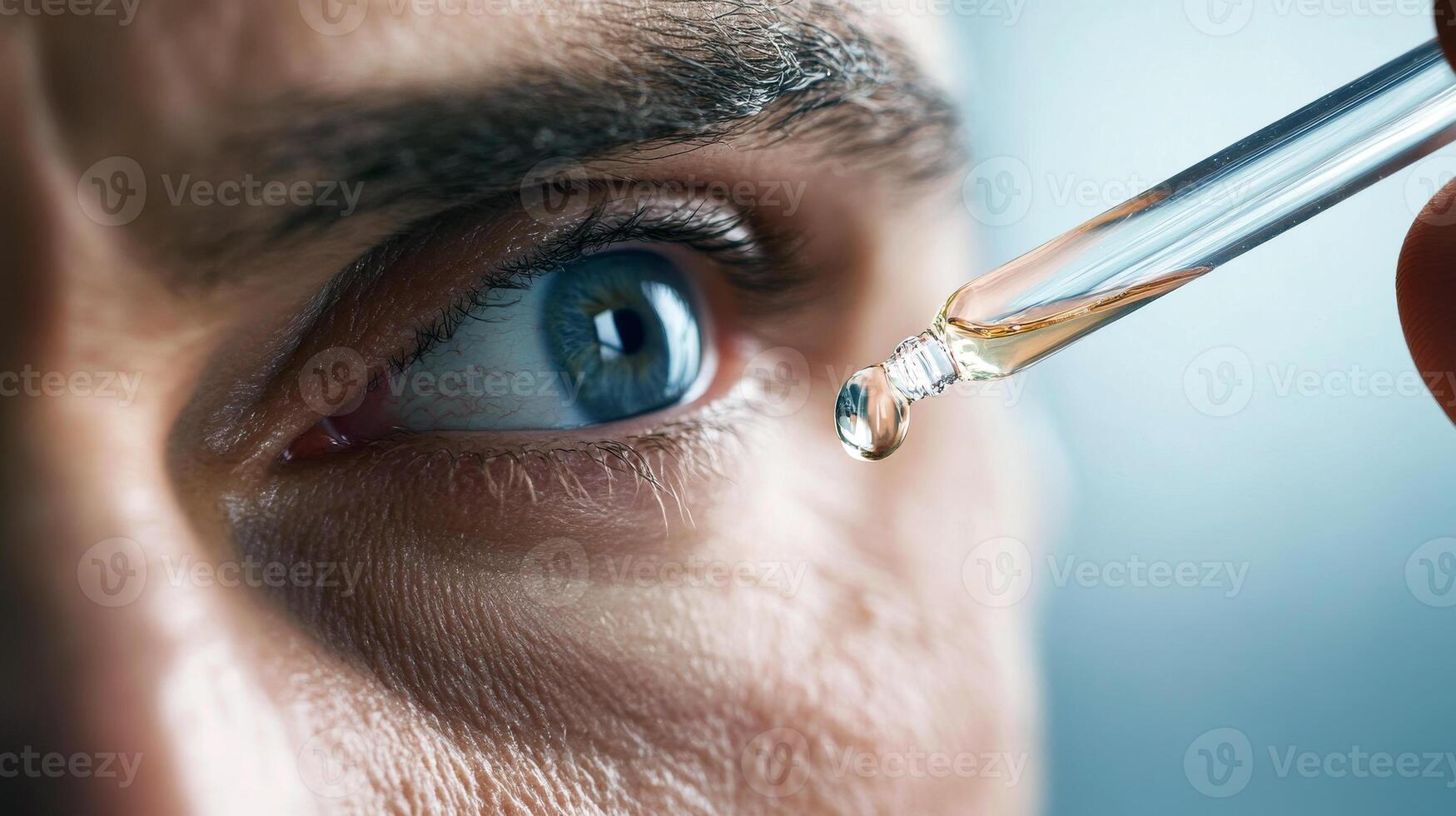 Close-up of a male eye with eye dropper administering liquid photo