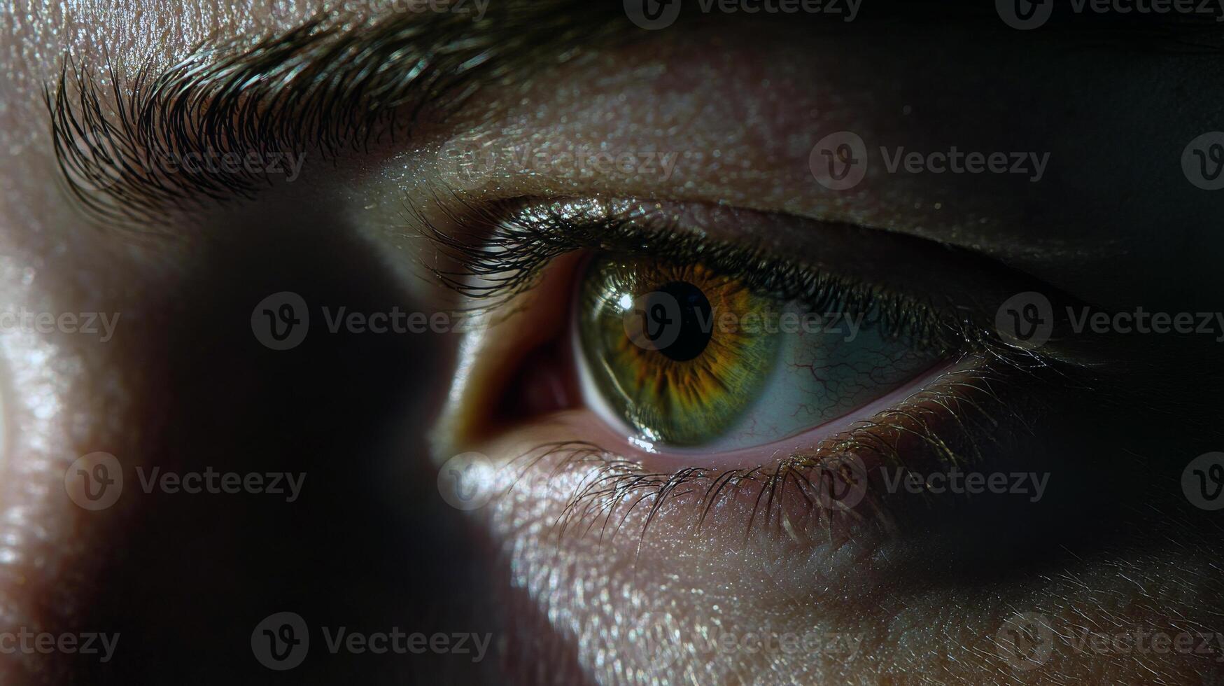 Close-up of human eye with green and brown iris in natural light photo
