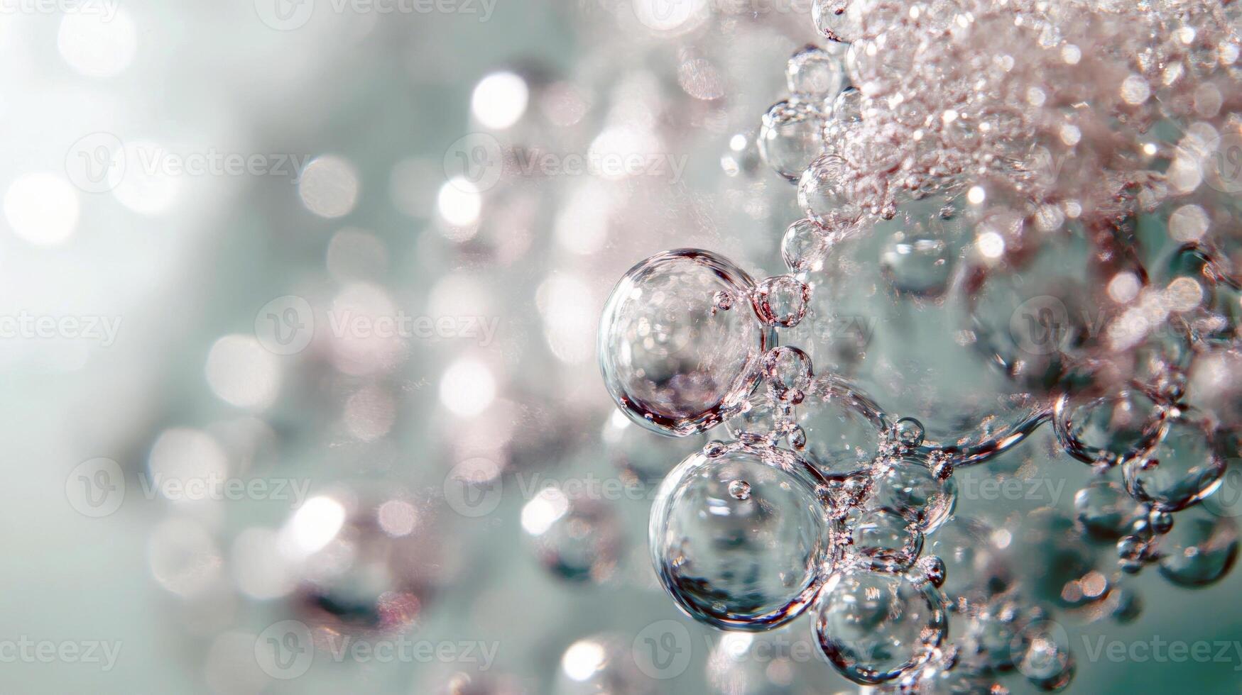 Close-up of shimmering water bubbles with bright blue background and sparkling light effects photo