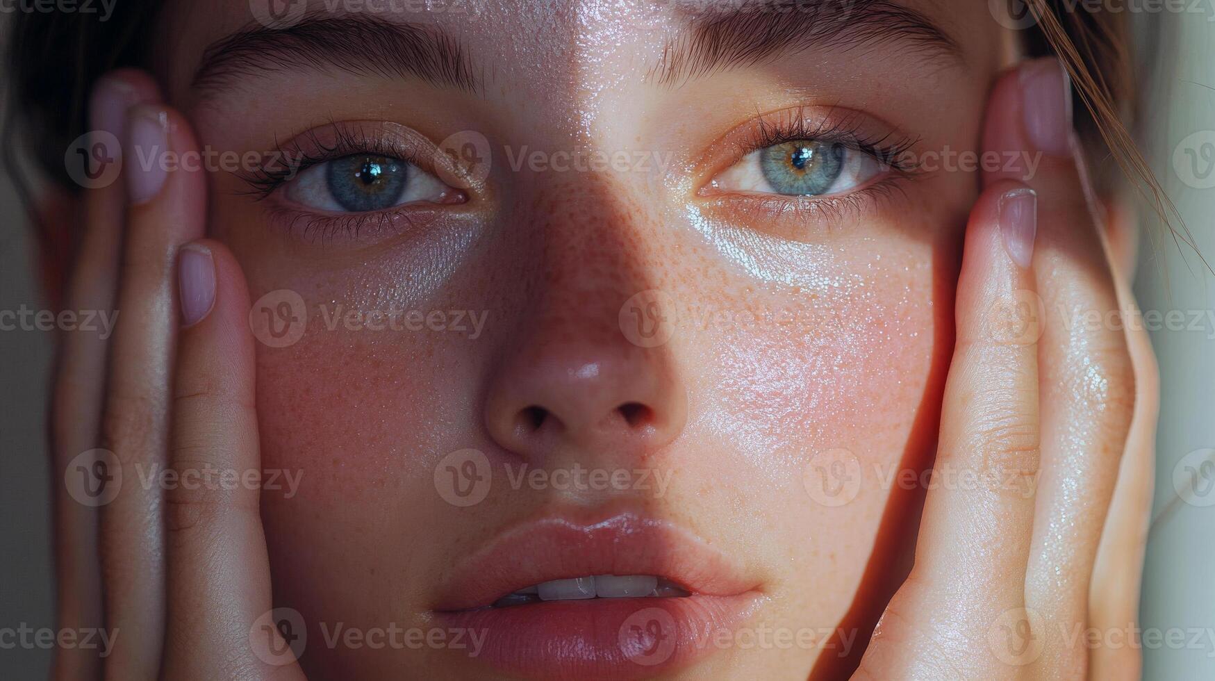 Close-up portrait of young female with freckles and blue eyes in natural light photo