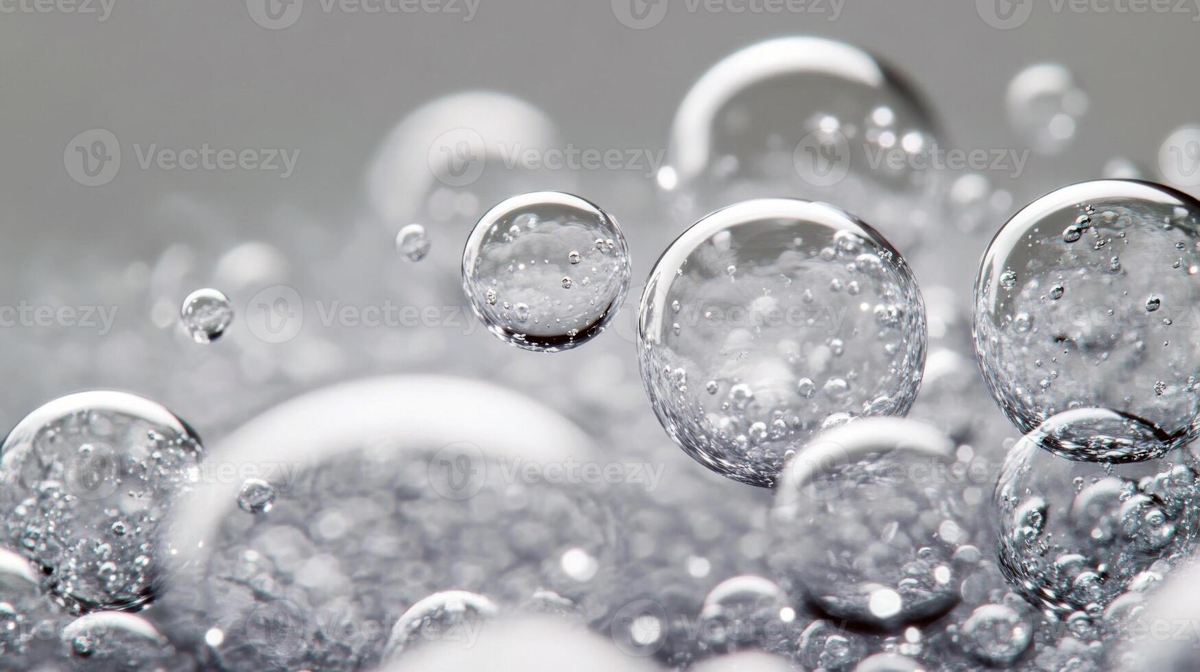 Close-up view of transparent bubbles floating on a soft blue background photo