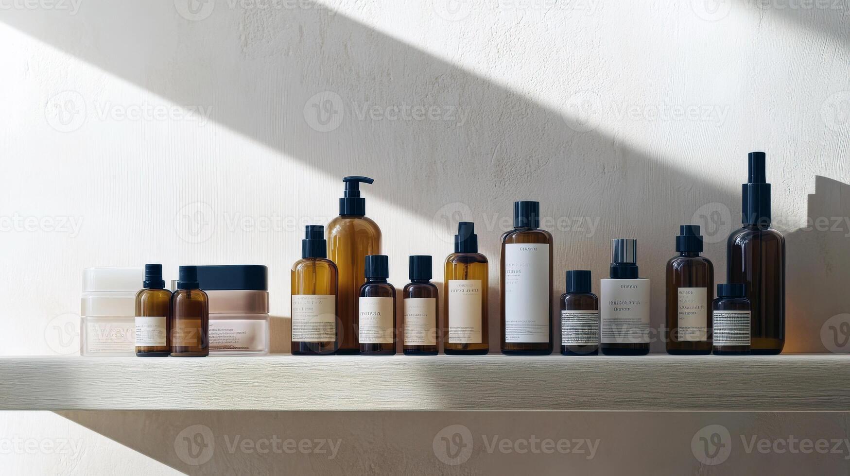 Minimalist skincare collection on shelf with sunlight shadows photo