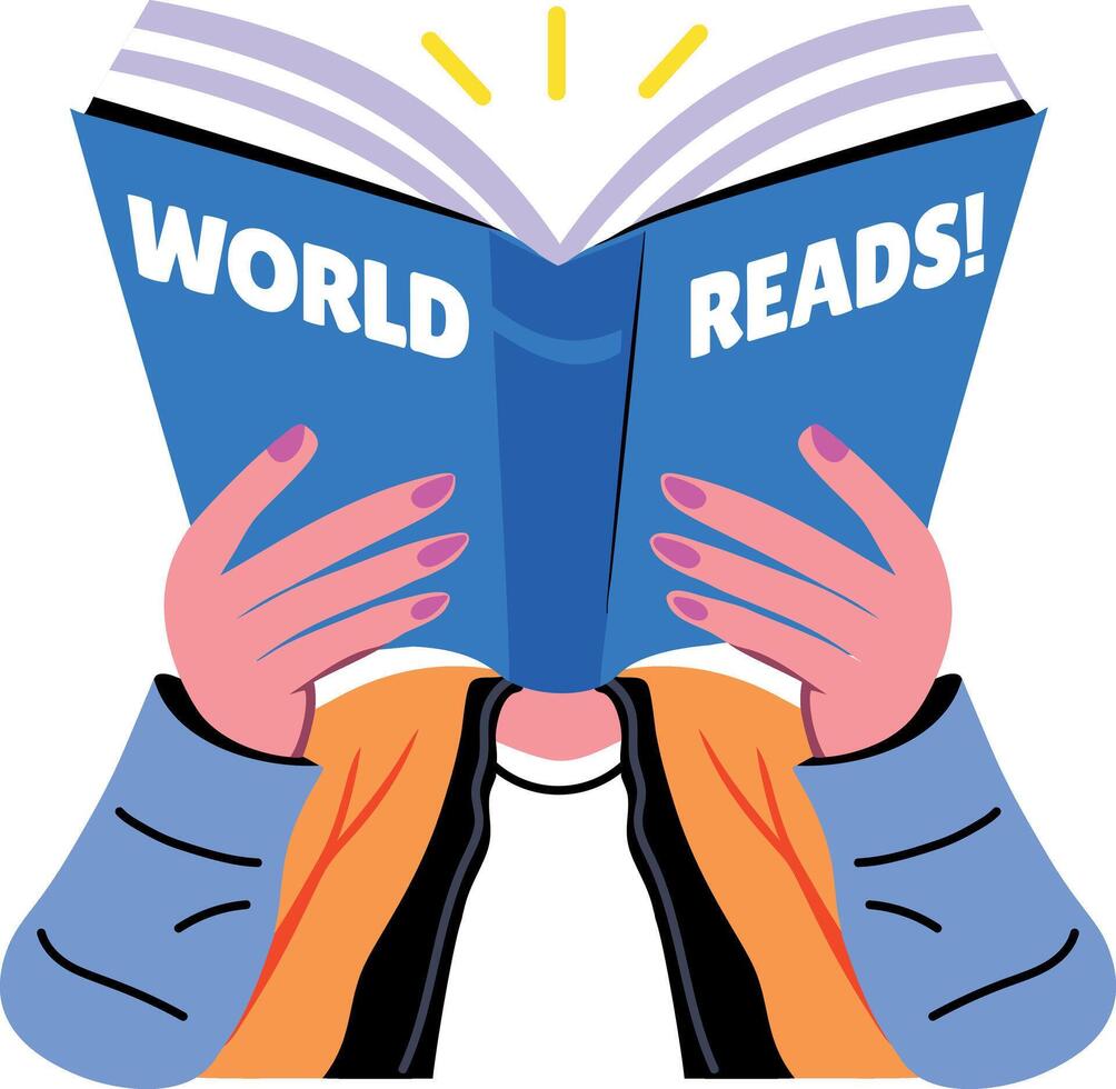 A flat sticker of a character reading a book written world reads vector