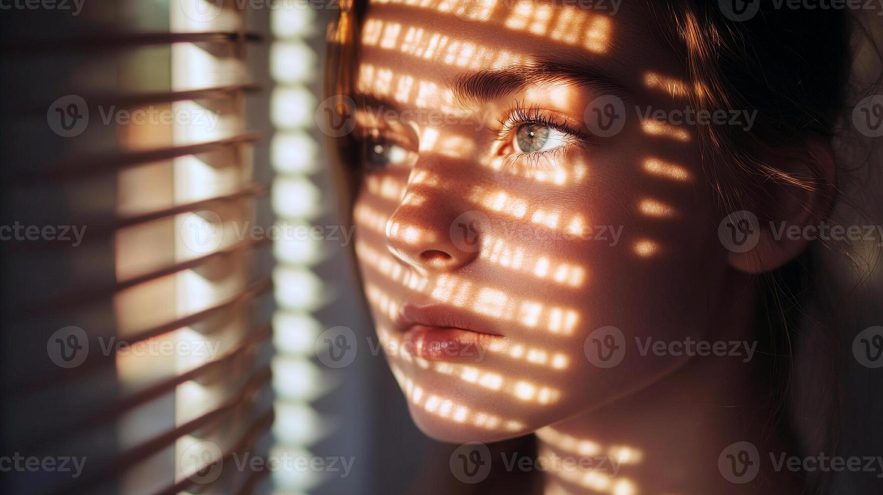 Pensive caucasian female teen gazing through blinds with dramatic light and shadow play photo