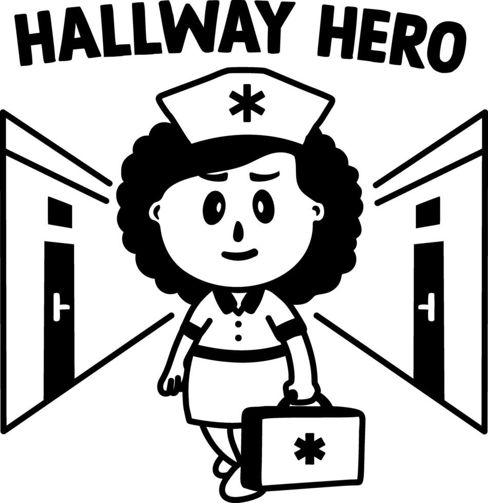 A glyph sticker of a medical character with hallway hero typography vector
