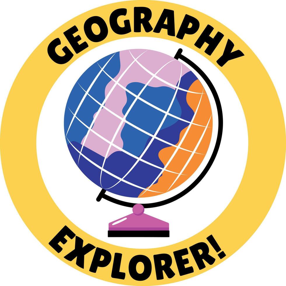 Flat style sticker of an earth globe with geography explorer typography vector