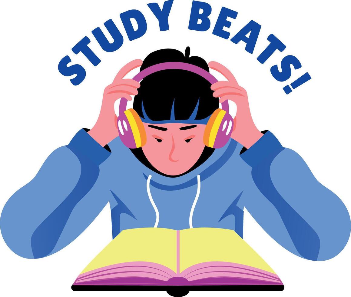 Flat sticker of a student wearing headphones with study beats typography vector