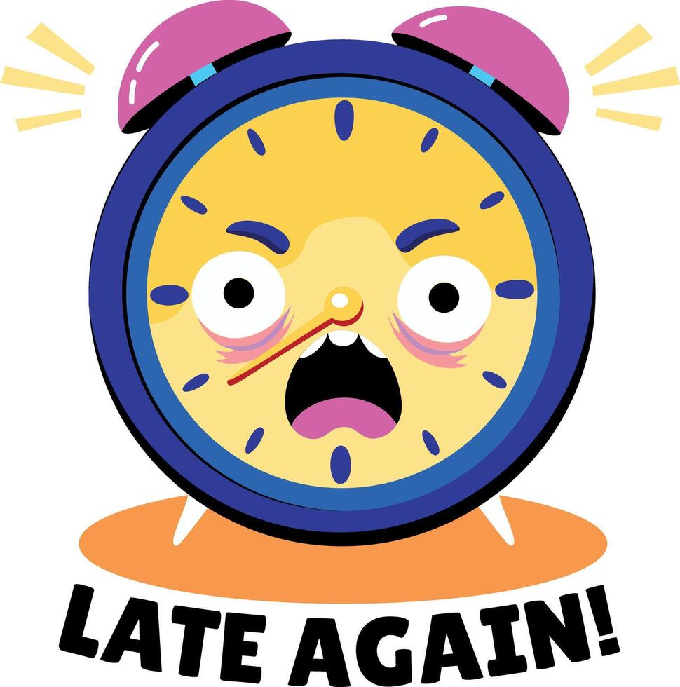 A flat style sticker of a clock with late again typography vector