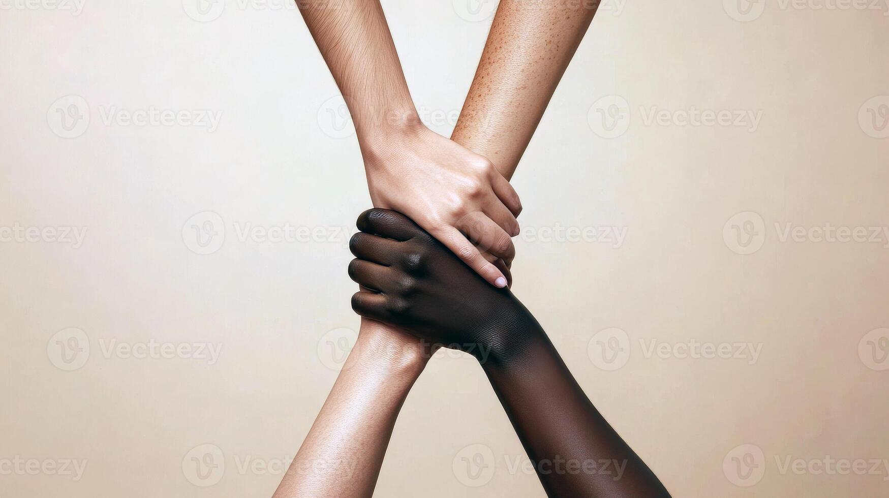 Unity and diversity symbolized by interlocked hands of diverse skin tones photo