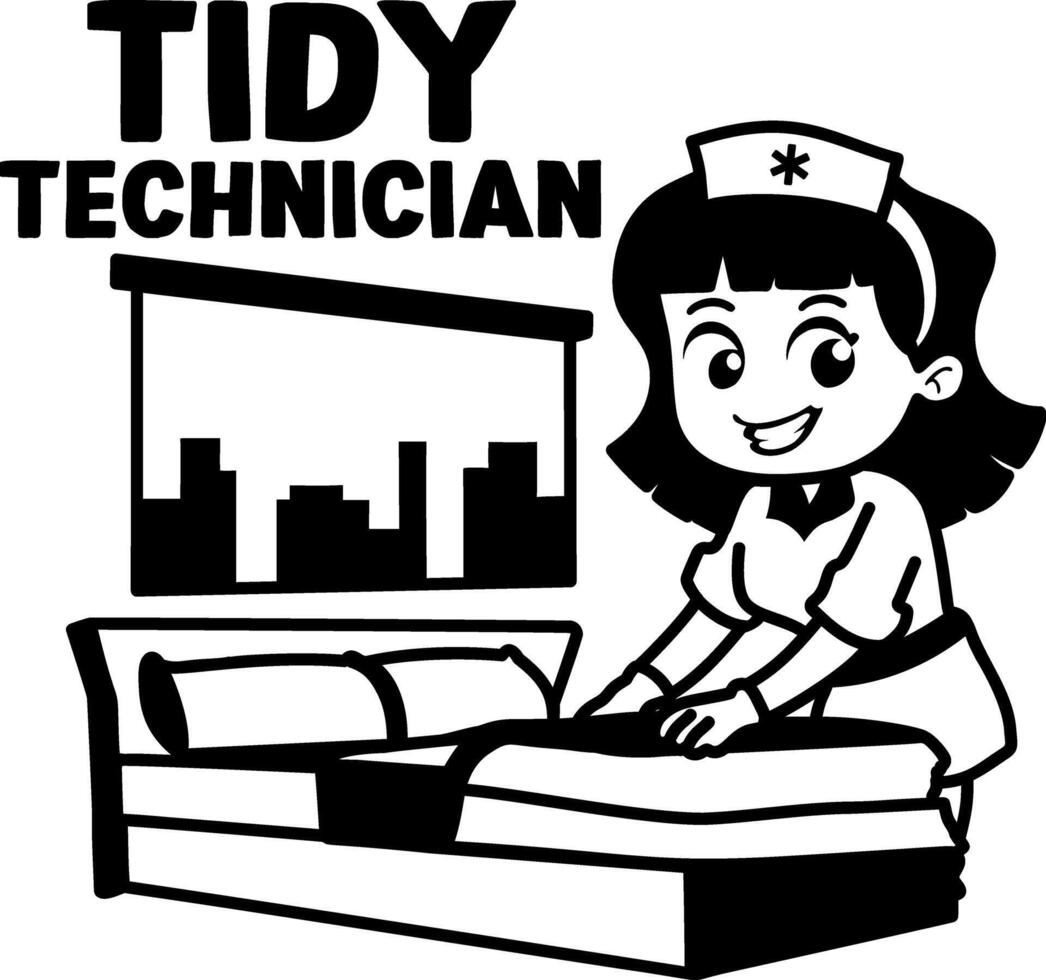 A glyph sticker of a nurse setting hospital bed with tidy technician typography vector
