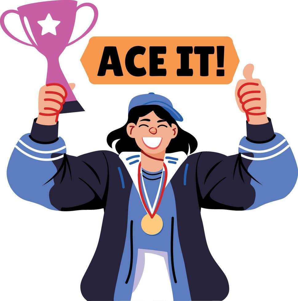 Flat sticker of a winner holding a trophy with ace it typography vector