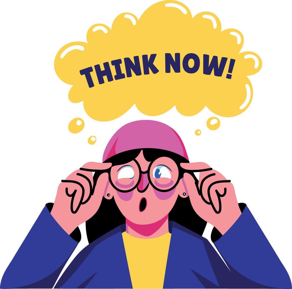 Flat sticker of a character wearing glasses with think now typography vector