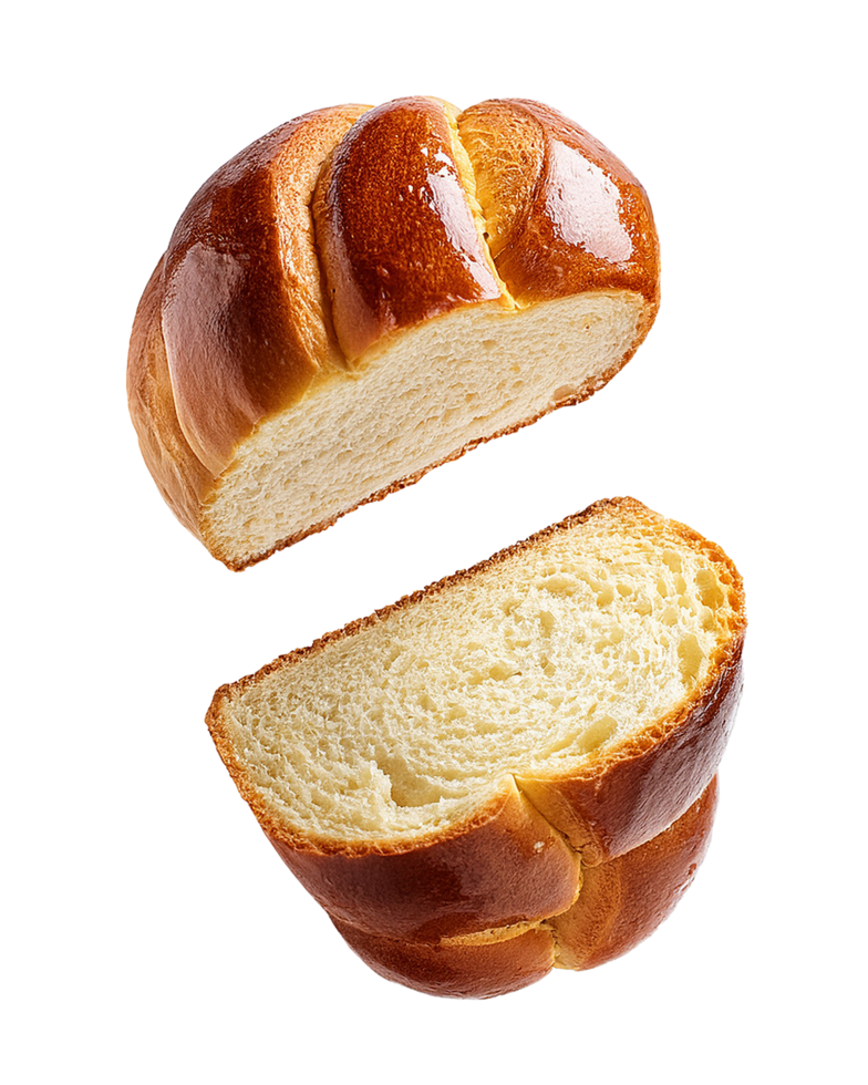 Floating Halved Brioche Bread with Golden Glossy Crust png