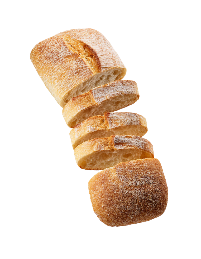 Floating Sliced Ciabatta Bread with a Crispy Crust png
