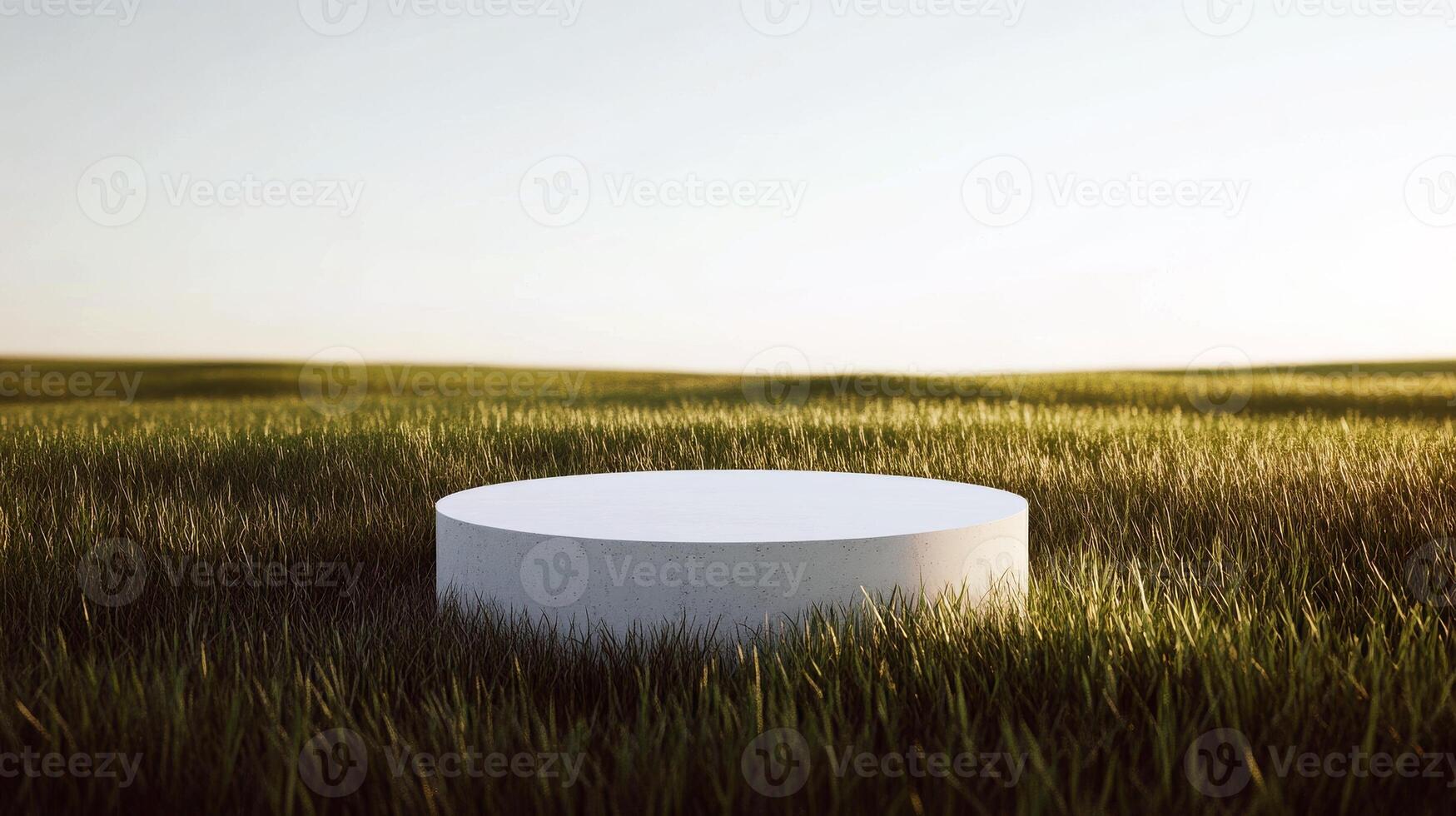Minimalist concrete platform in vast green field at sunset photo