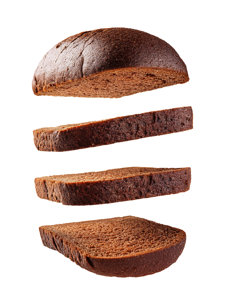 Floating Slices of Dark Brown Bread with Dense, Slightly Porous Interior png
