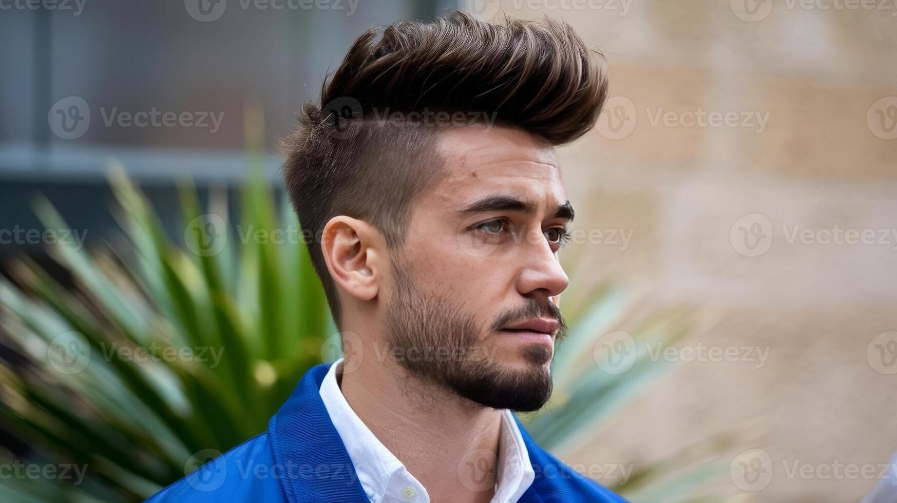 A man with a beard and a mohawk is looking off to the side photo