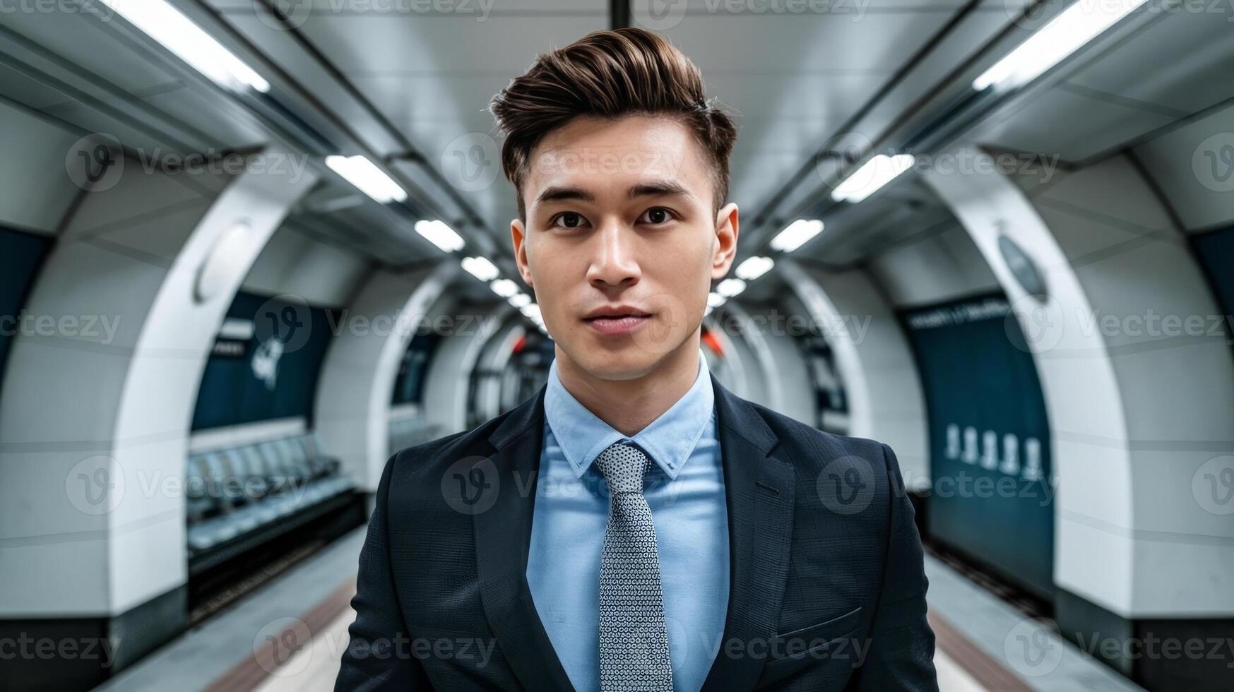 A man in a suit and tie standing in a subway photo