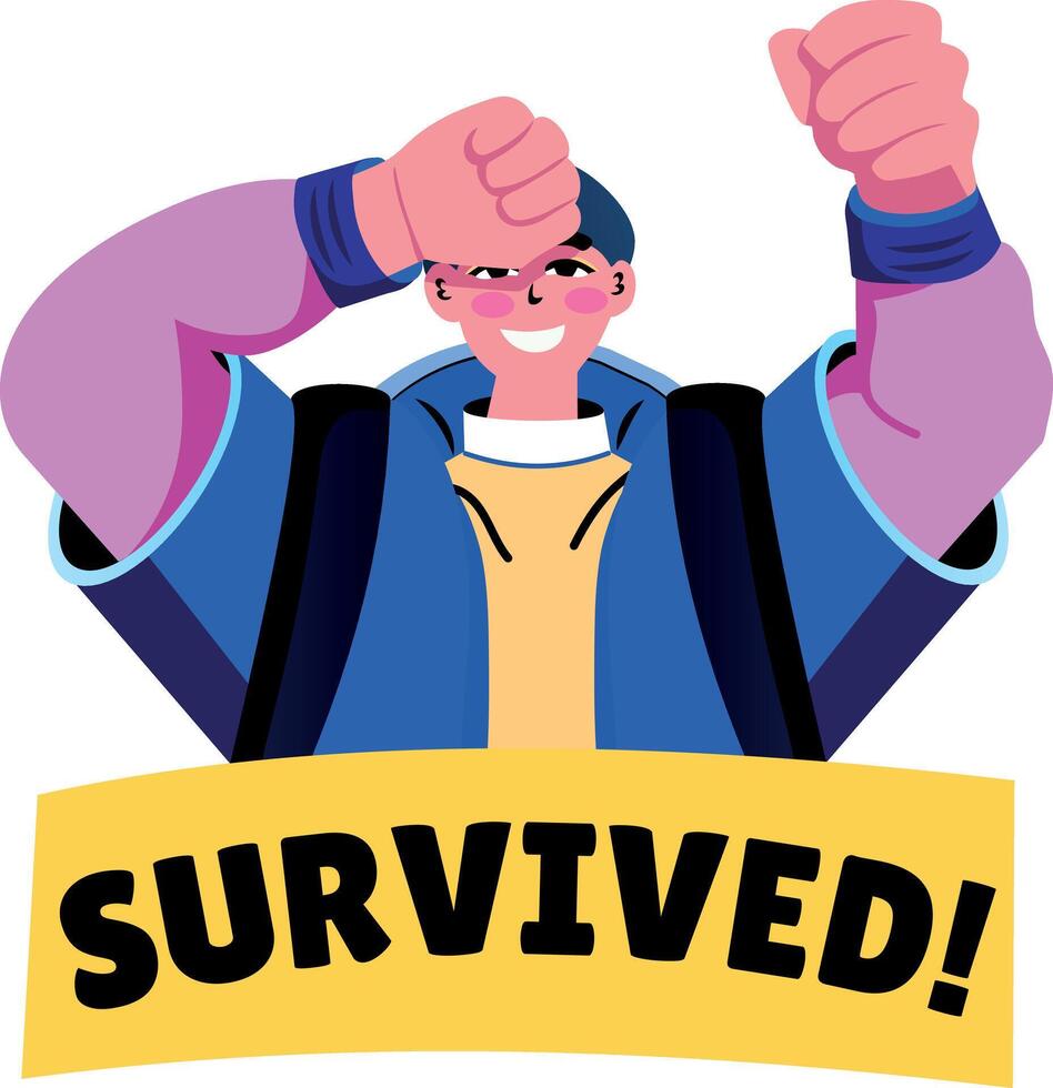 A flat sticker of happy student with survived typography vector
