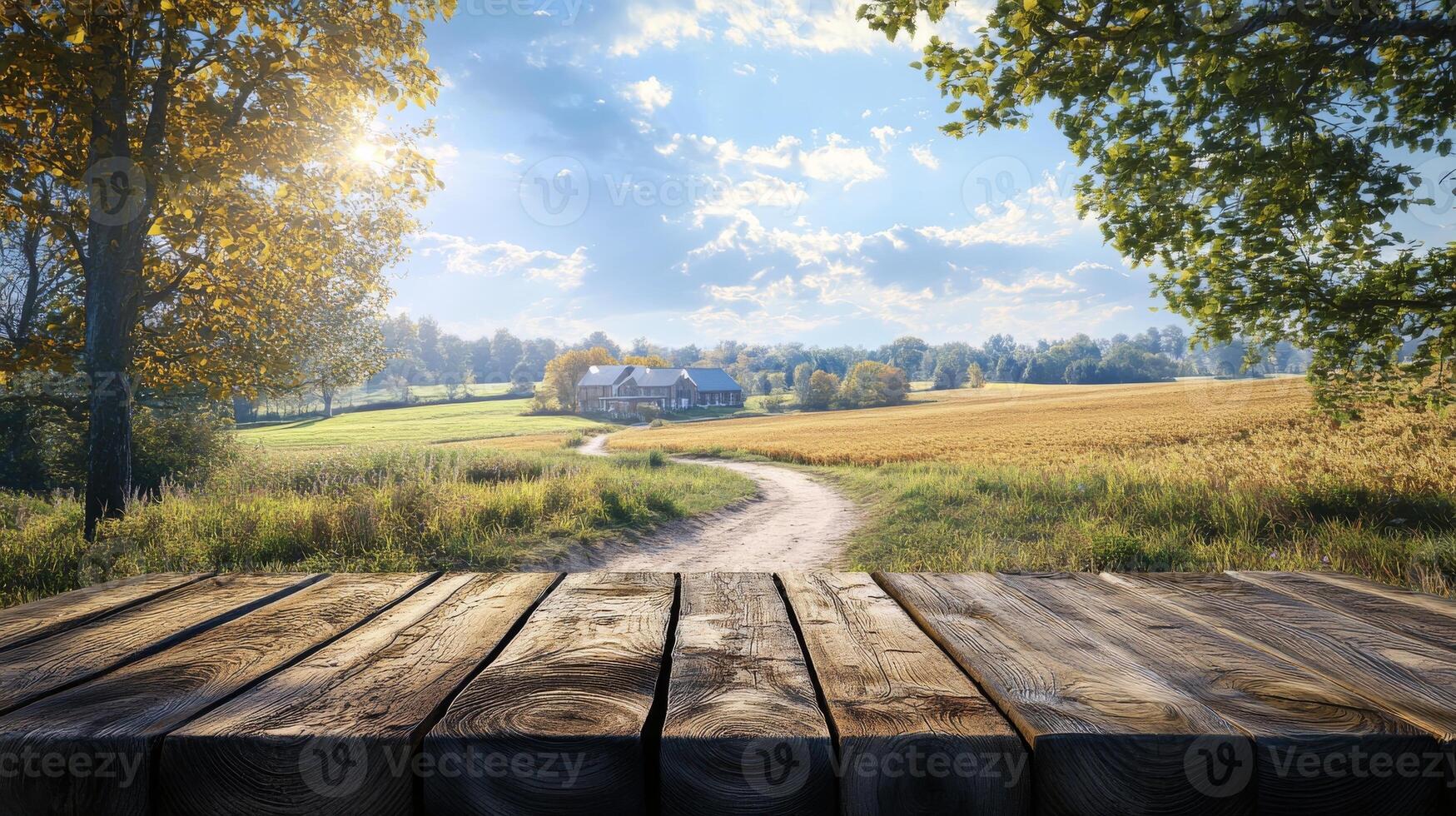 Rustic wooden table overlooking a countryside path leading to a farmhouse in autumn photo