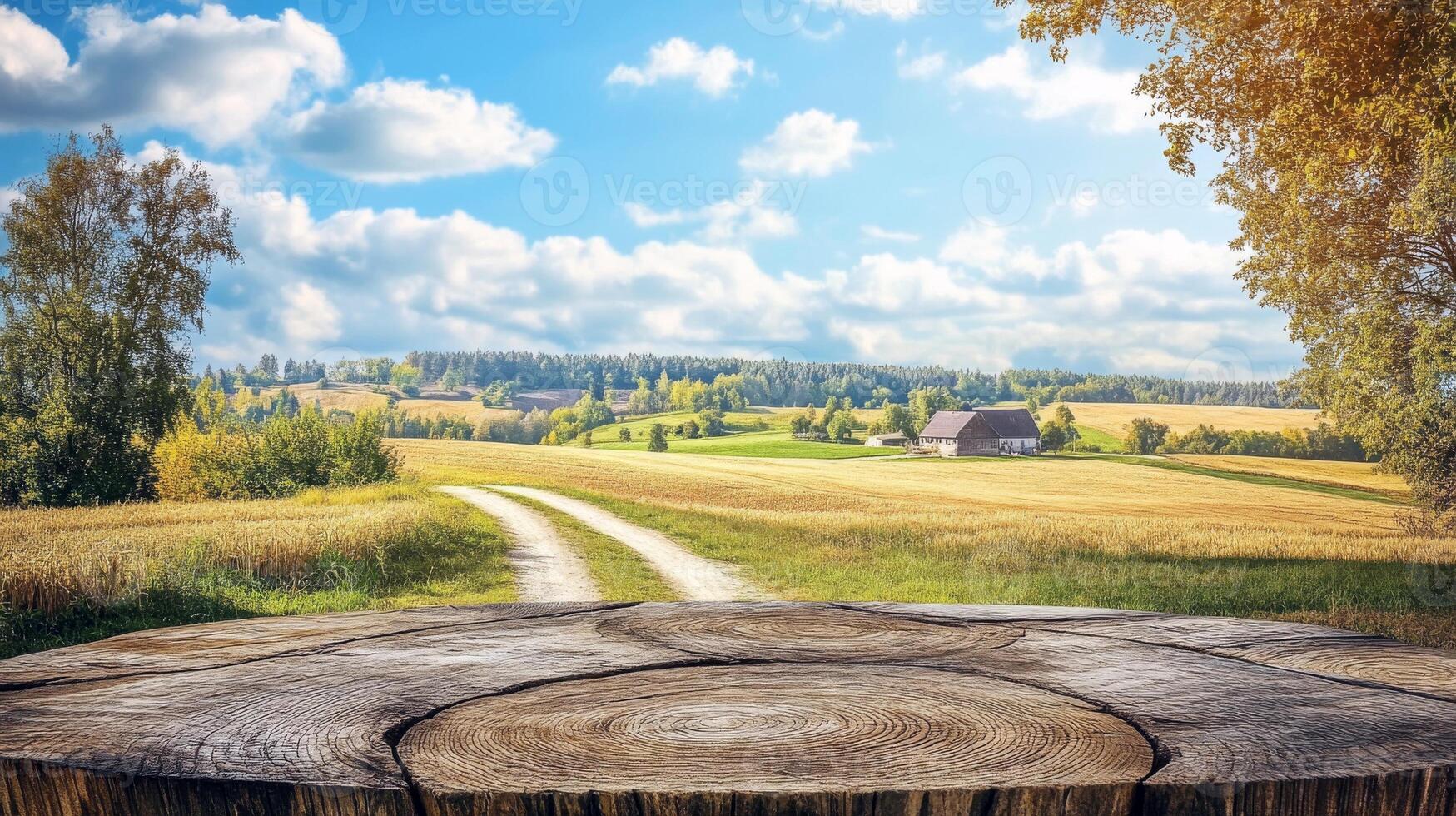 Rustic wooden table with scenic countryside landscape background photo
