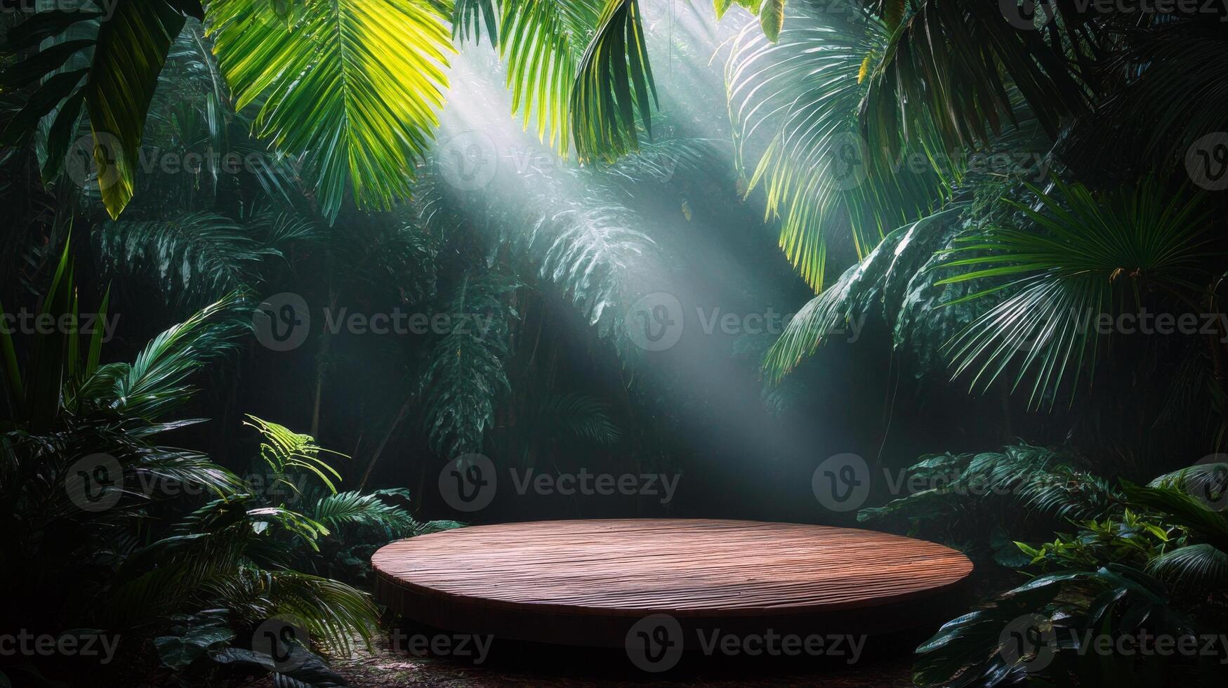 Serene light beam illuminating wooden platform in lush green jungle photo