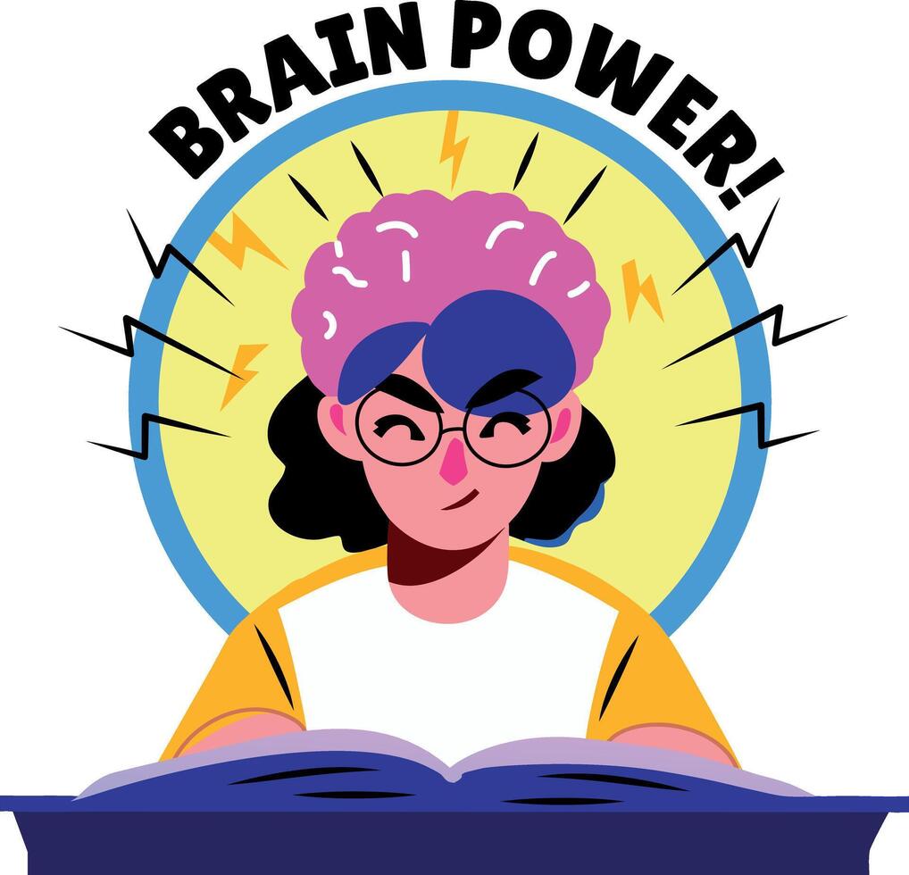 A flat sticker of reading character with brain power typography vector