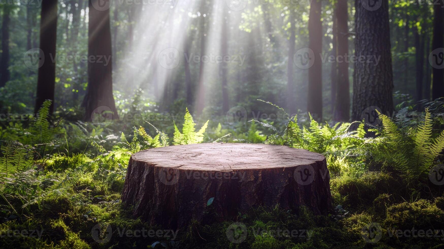 Sunlit forest scene with tree stump and lush ferns under serene canopy photo