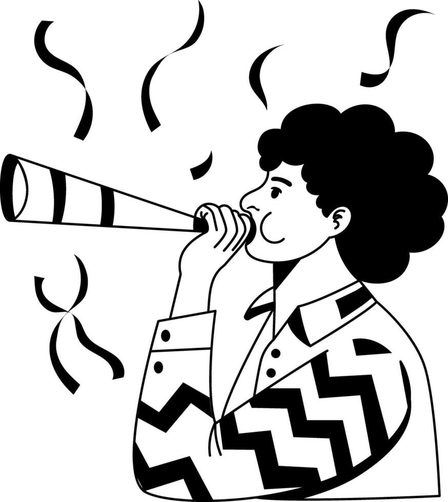 Boy blowing party horn, glyph style illustration vector