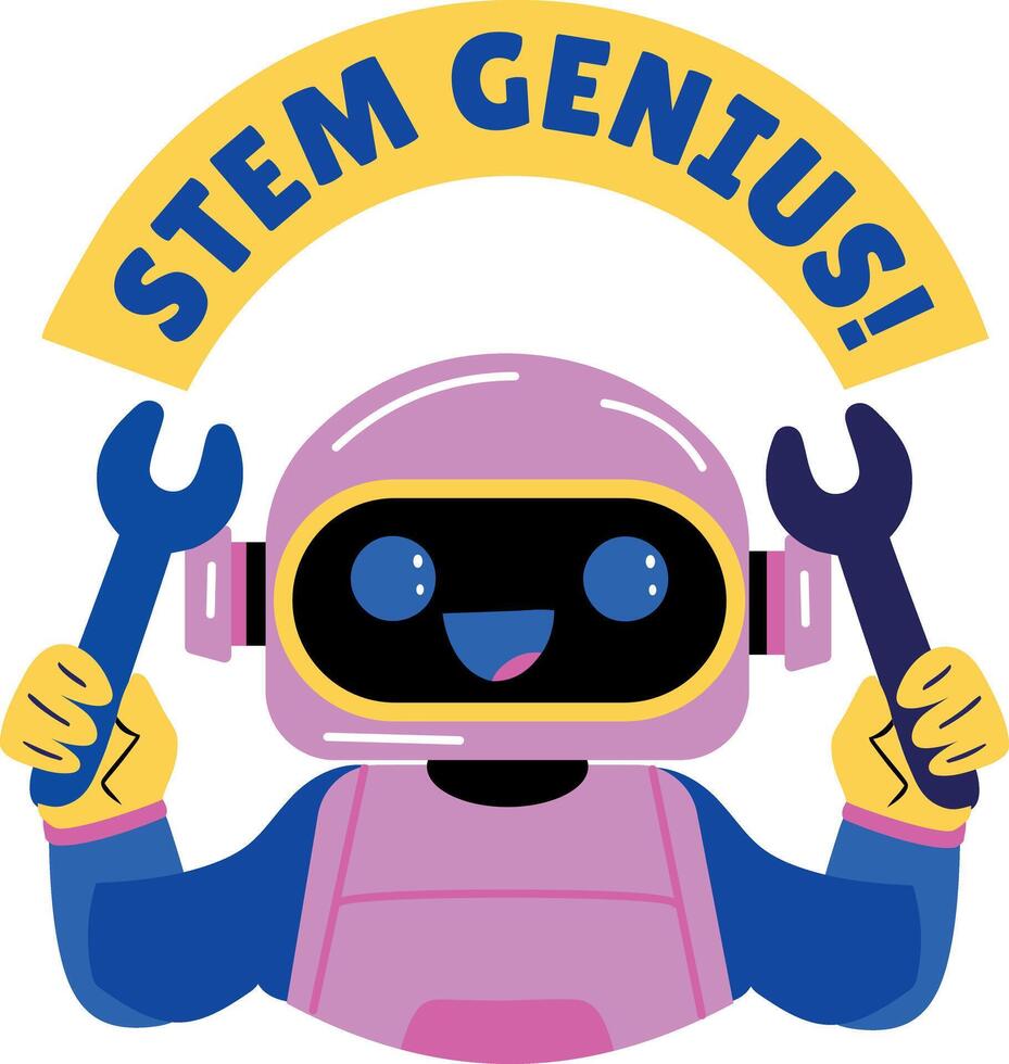 Flat sticker of study robot with stem genius typography vector