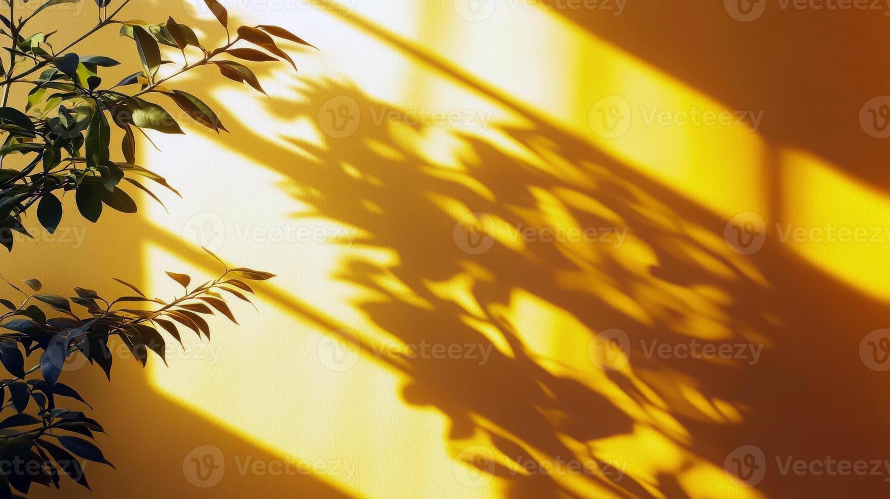 Sunlit leaves casting shadows on yellow wall photo