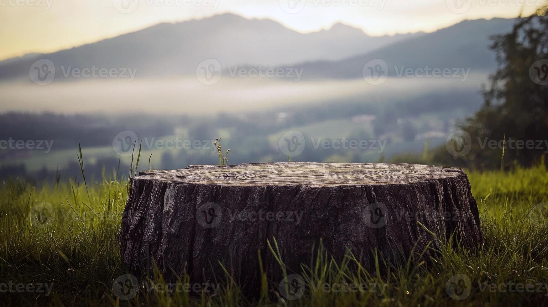 Sunlit tree stump in misty mountain landscape with lush green grass photo