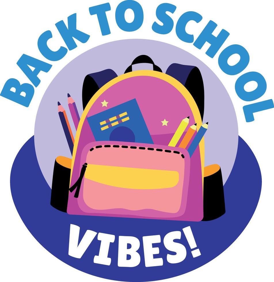 Flat sticker of a school bag with back to school vibes typography vector