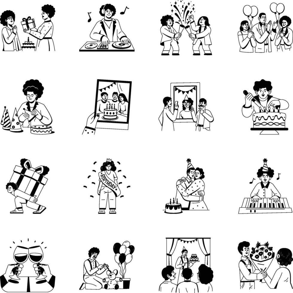 Set of 16 Glyph Happy Birthday Illustrations vector